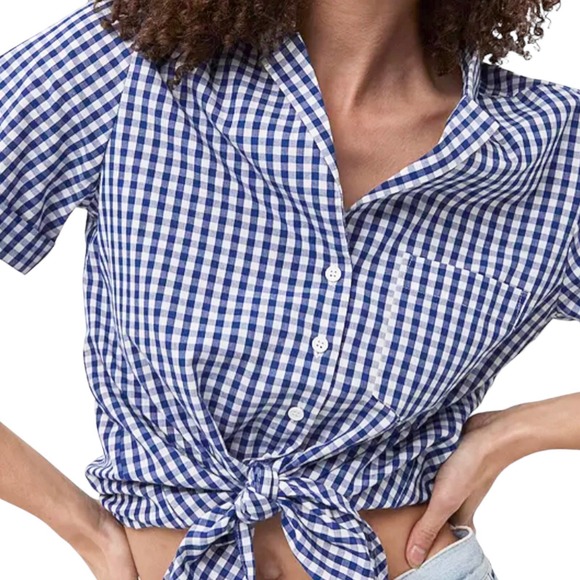 French Connection NEW Women Size Large Tatus Check Tie Front Shirt Short Sleeves - Picture 8 of 8
